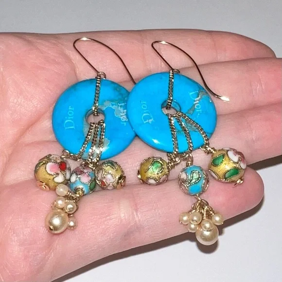 AUTH VTG 2006 Christian Dior Gold Hook Drop Dangle Blue Gemstone Boho Earrings - Picture 5 of 11